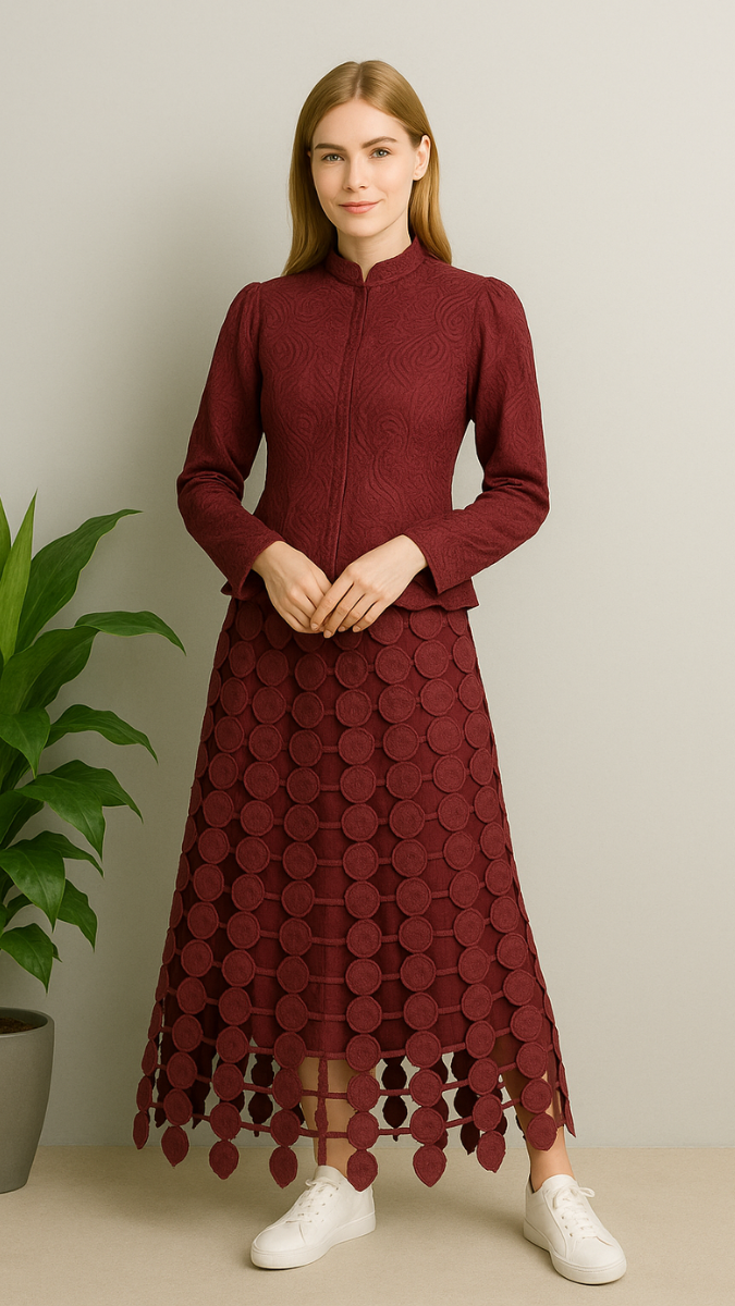 Stand Collar Jacket With Laser Cut Skirt Set FC1949