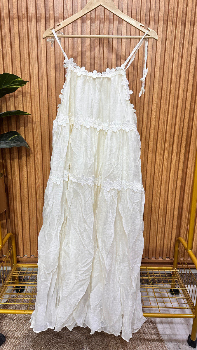 Strap Cotton Dress With 3D Floral Lace FC1929