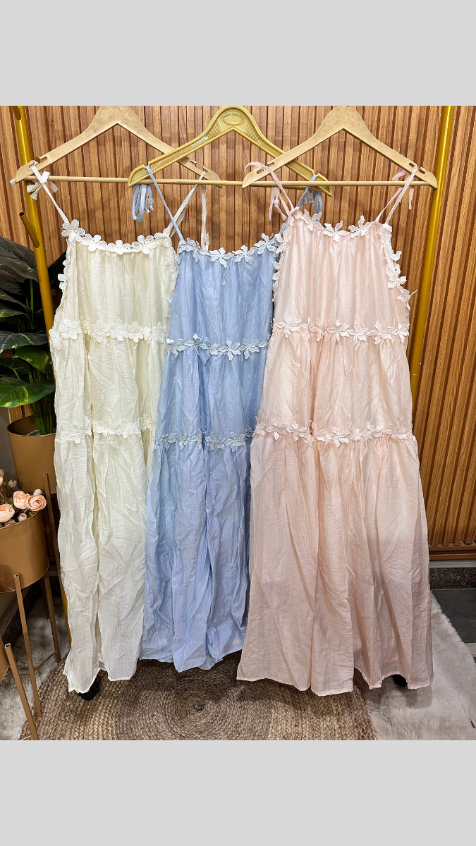 Strap Cotton Dress With 3D Floral Lace FC1929