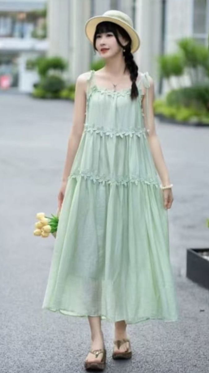 Strap Cotton Dress With 3D Floral Lace FC1929