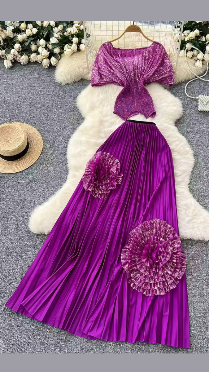 Stylish Flower Embellished Pleaded Long Skirt Set FC1945
