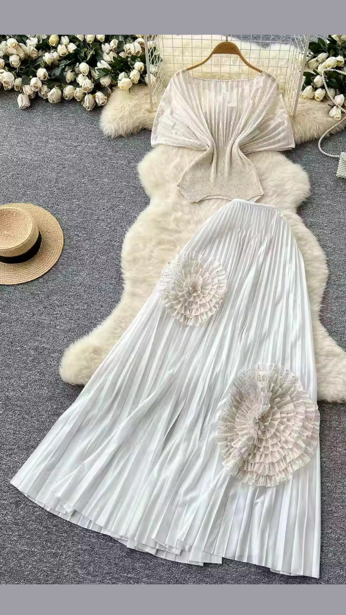 Stylish Flower Embellished Pleaded Long Skirt Set FC1945