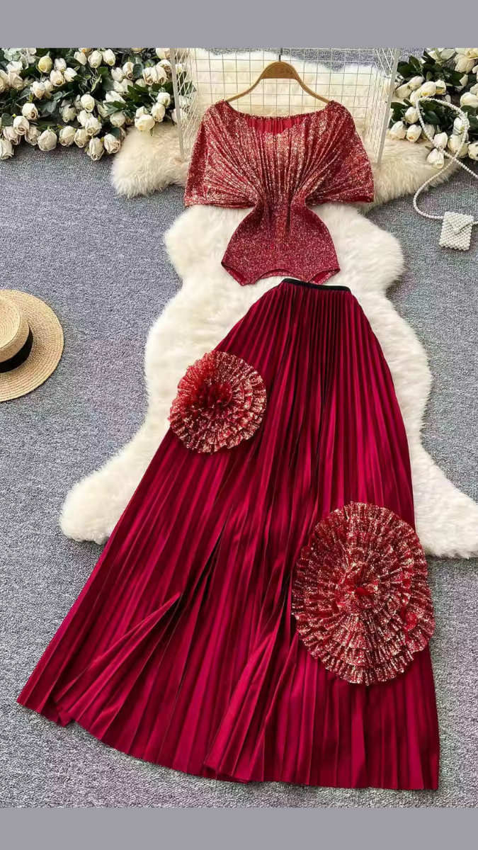 Stylish Flower Embellished Pleaded Long Skirt Set FC1945