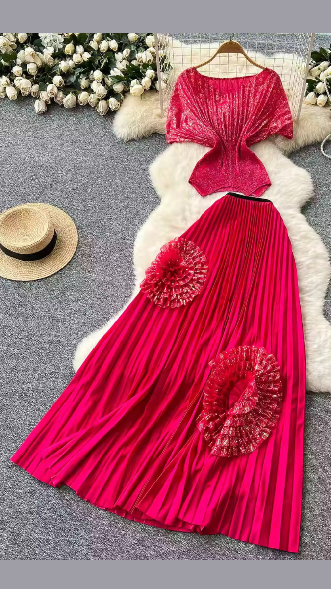 Stylish Flower Embellished Pleaded Long Skirt Set FC1945