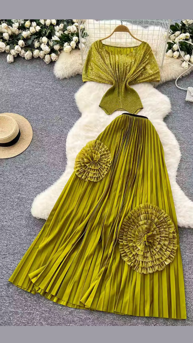 Stylish Flower Embellished Pleaded Long Skirt Set FC1945