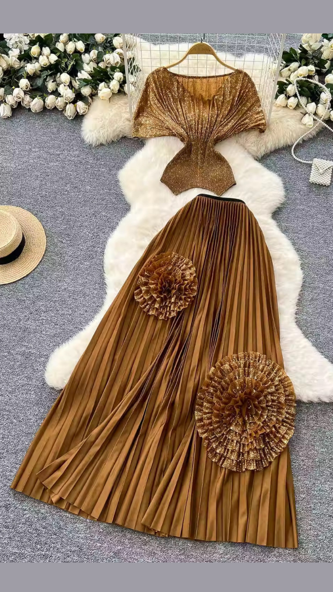 Stylish Flower Embellished Pleaded Long Skirt Set FC1945