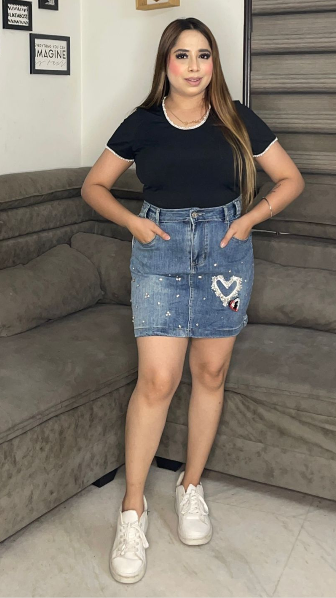 Stylish Heart Embedded Denim Mini Skirt FC1820