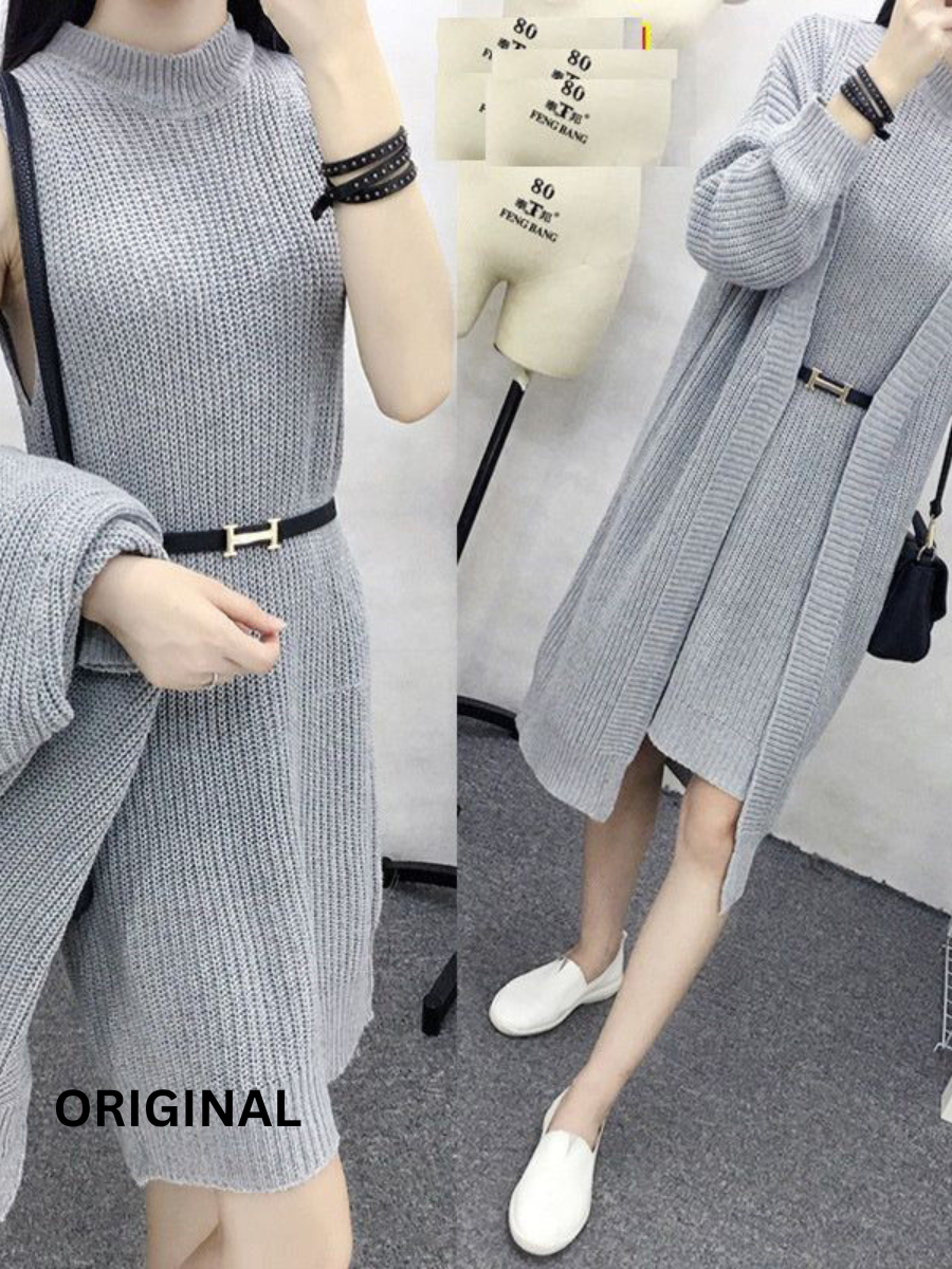 Two Piece Long Cardigan Crew Neck Sweater Dress for Women
