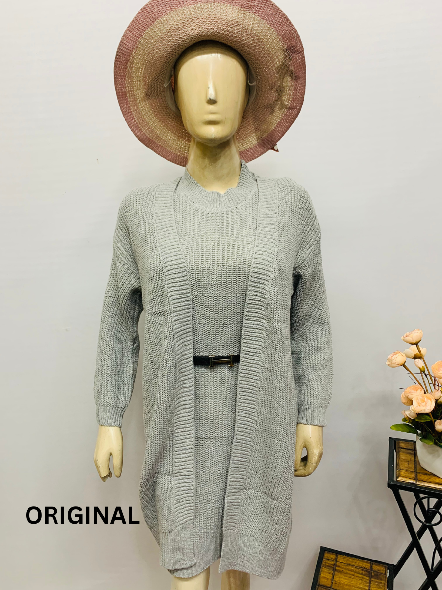 Two Piece Long Cardigan Crew Neck Sweater Dress for Women