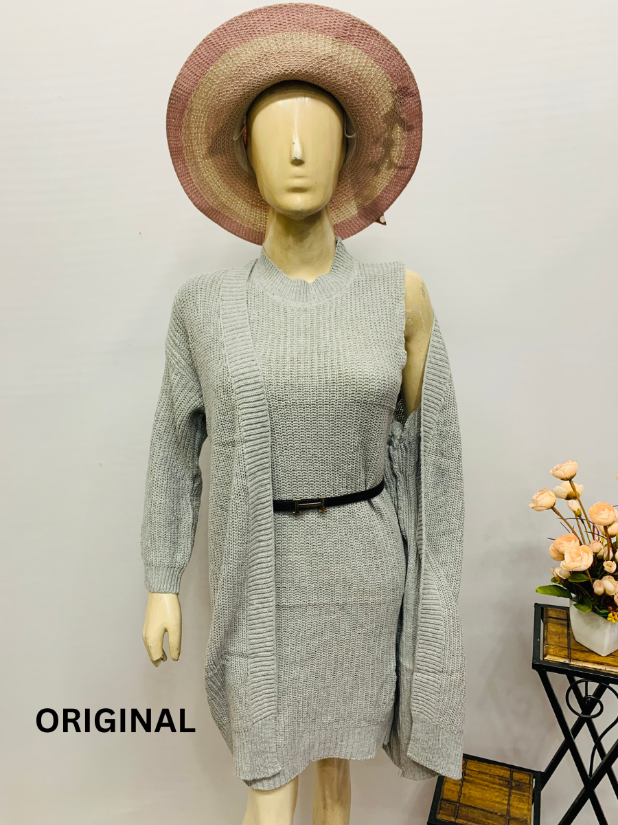 Two Piece Long Cardigan Crew Neck Sweater Dress for Women
