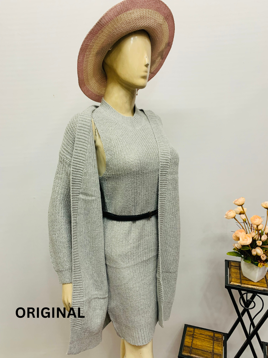 Two Piece Long Cardigan Crew Neck Sweater Dress for Women