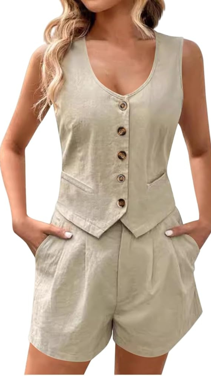 V Neck Sleeveless Buttoned Vest Shorts Sets FC1888