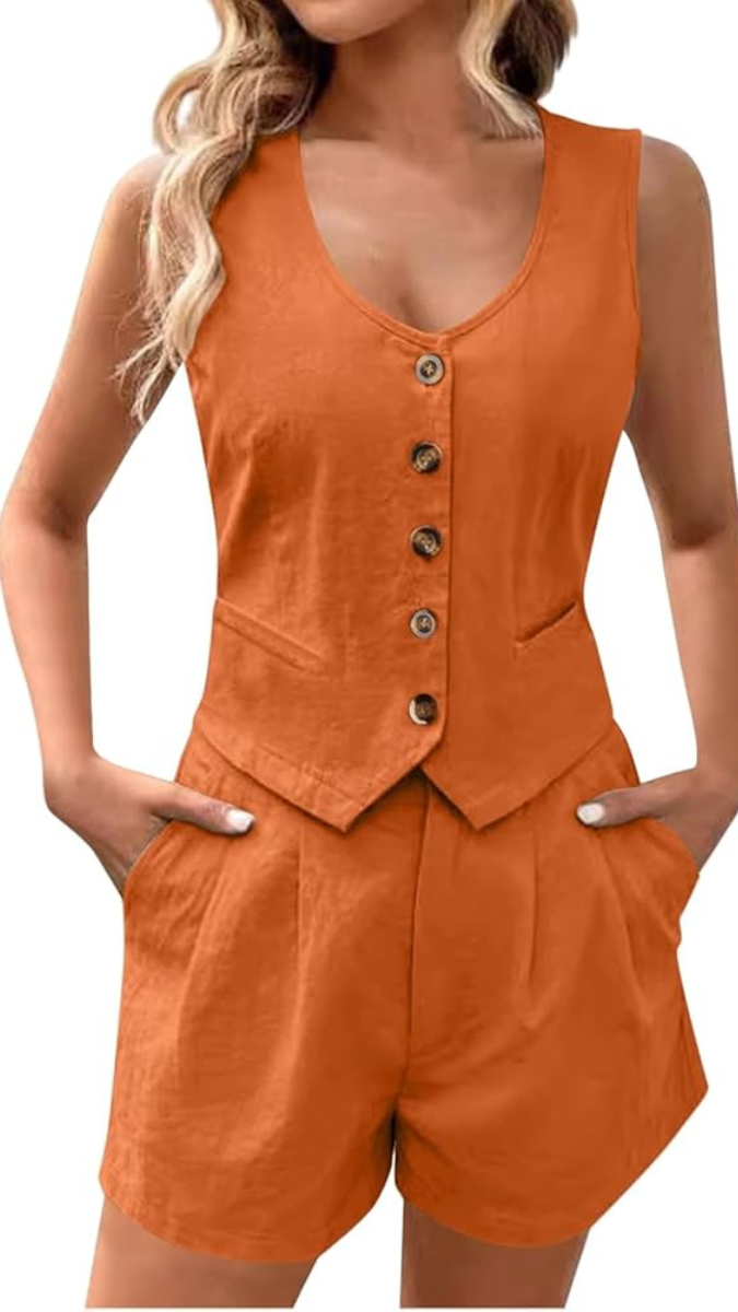 V Neck Sleeveless Buttoned Vest Shorts Sets FC1888