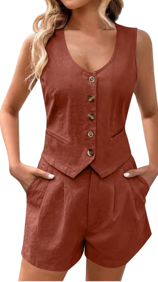 V Neck Sleeveless Buttoned Vest Shorts Sets FC1888