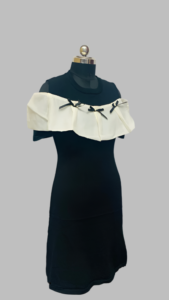 White Ruffle Black Off- Shoulder Dress