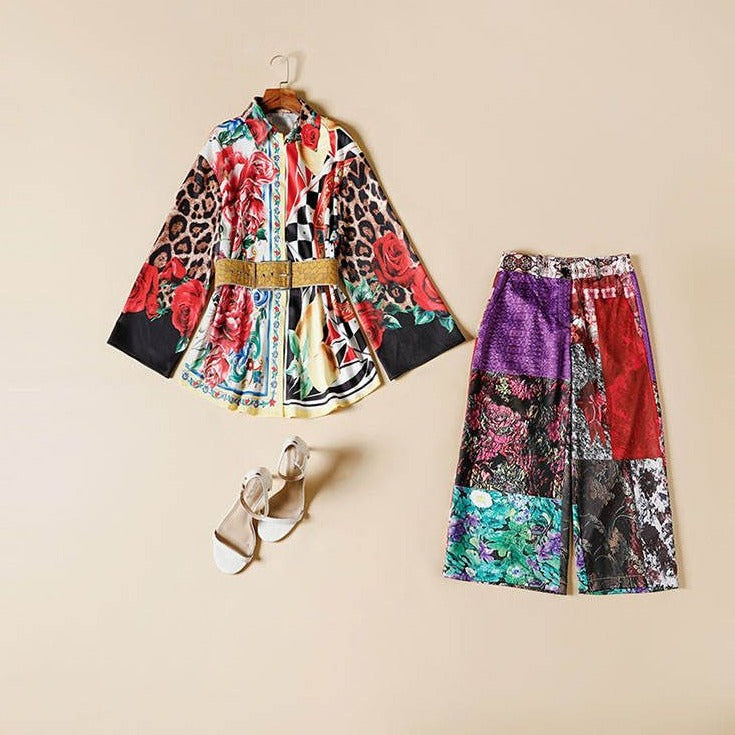 Contrast Printing Coordset With Belt