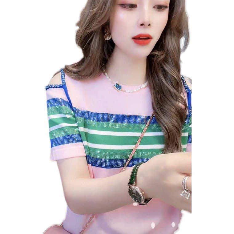 Fc Diamond Stripe Off-The-Shoulder Short-Sleeved T-Shirt Top