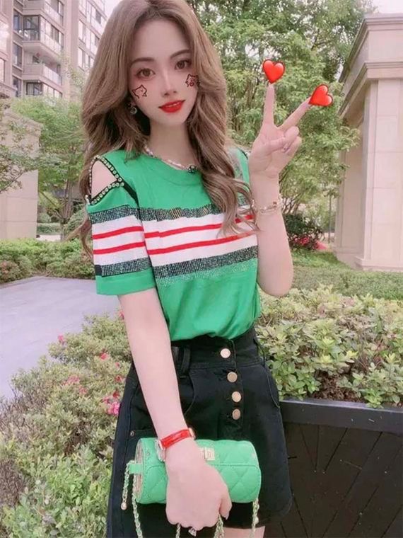 Fc Diamond Stripe Off-The-Shoulder Short-Sleeved T-Shirt Top