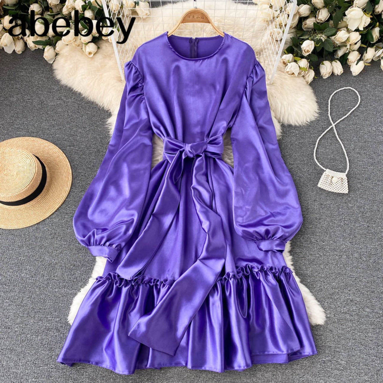 Bow on Neck With Loose Sleeve Satin Dress FC1787