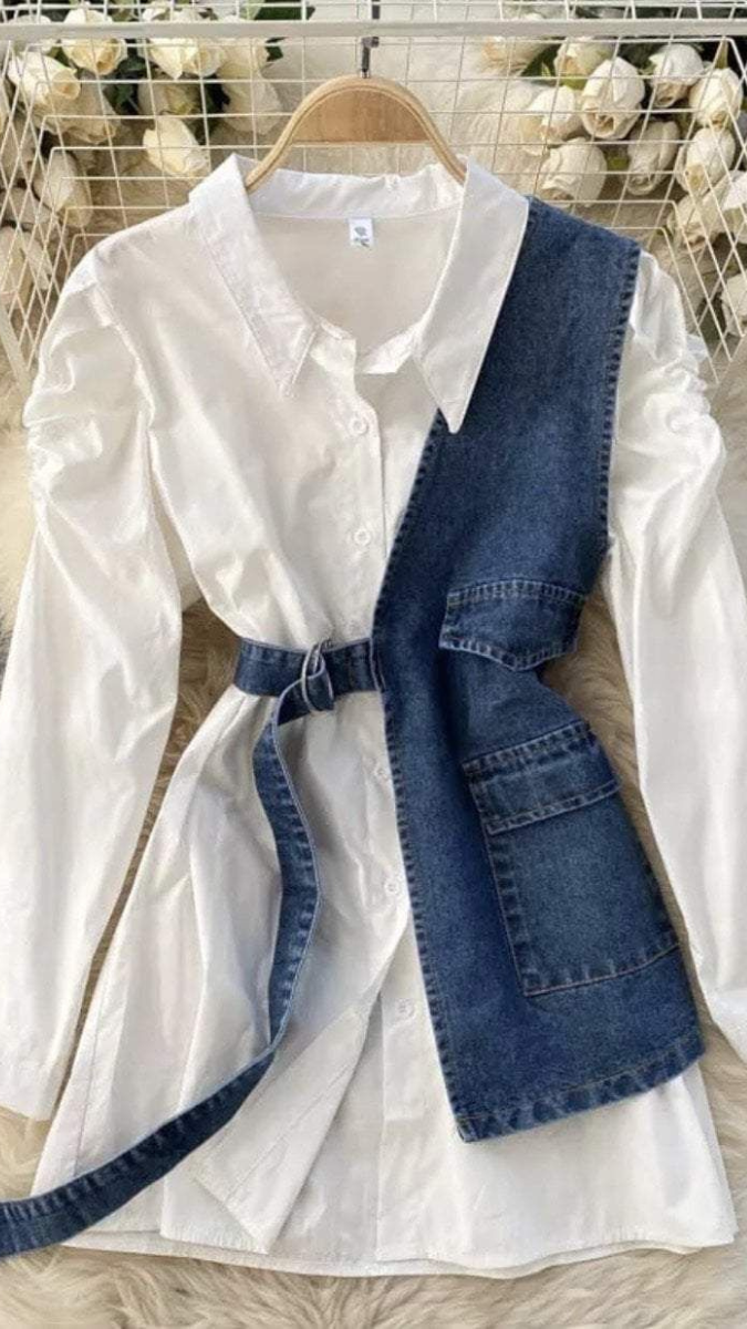 2-Piece Shirt Dress With Half Denim Vest FC1791