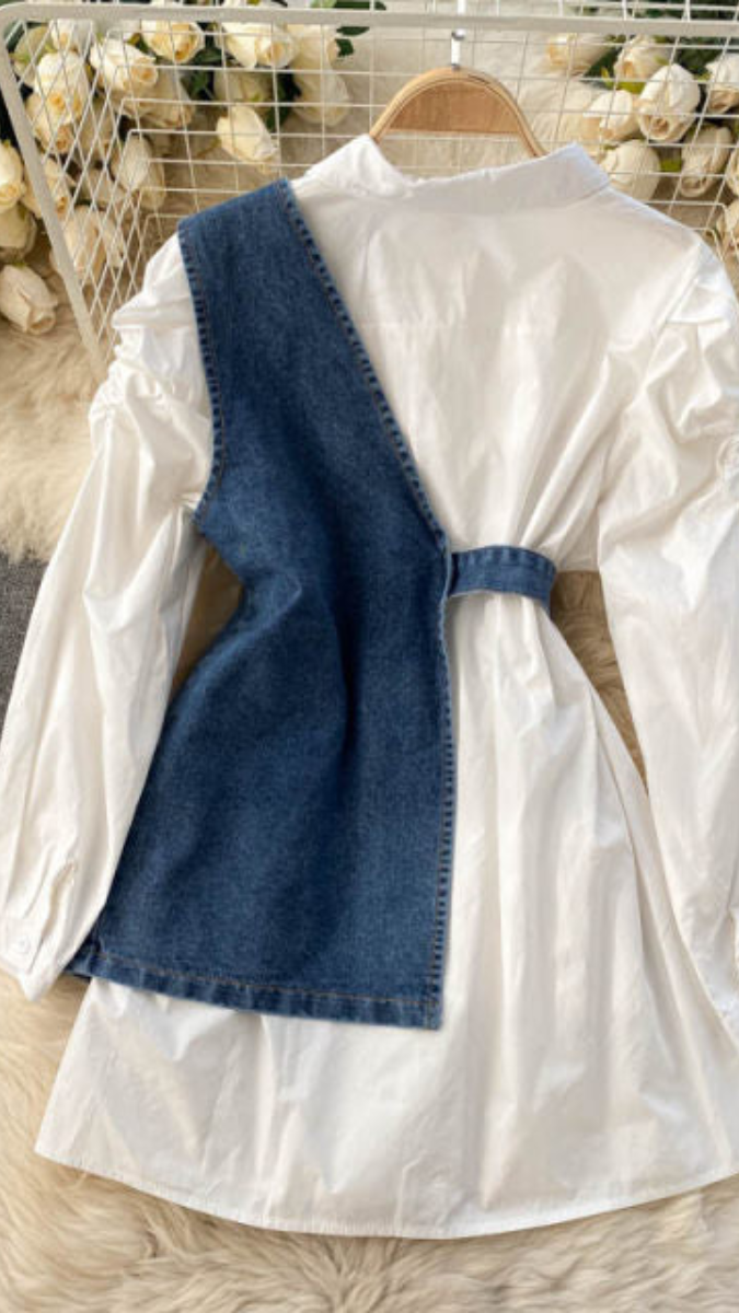 2-Piece Shirt Dress With Half Denim Vest FC1791