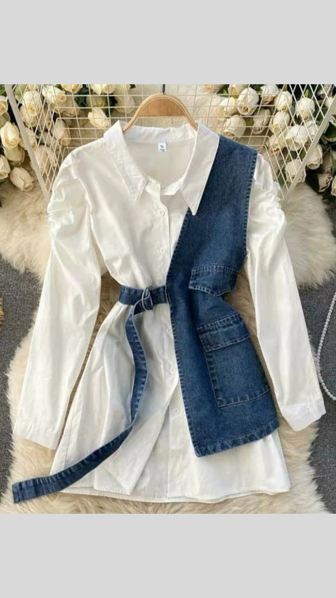 2-Piece Shirt Dress With Half Denim Vest FC1791