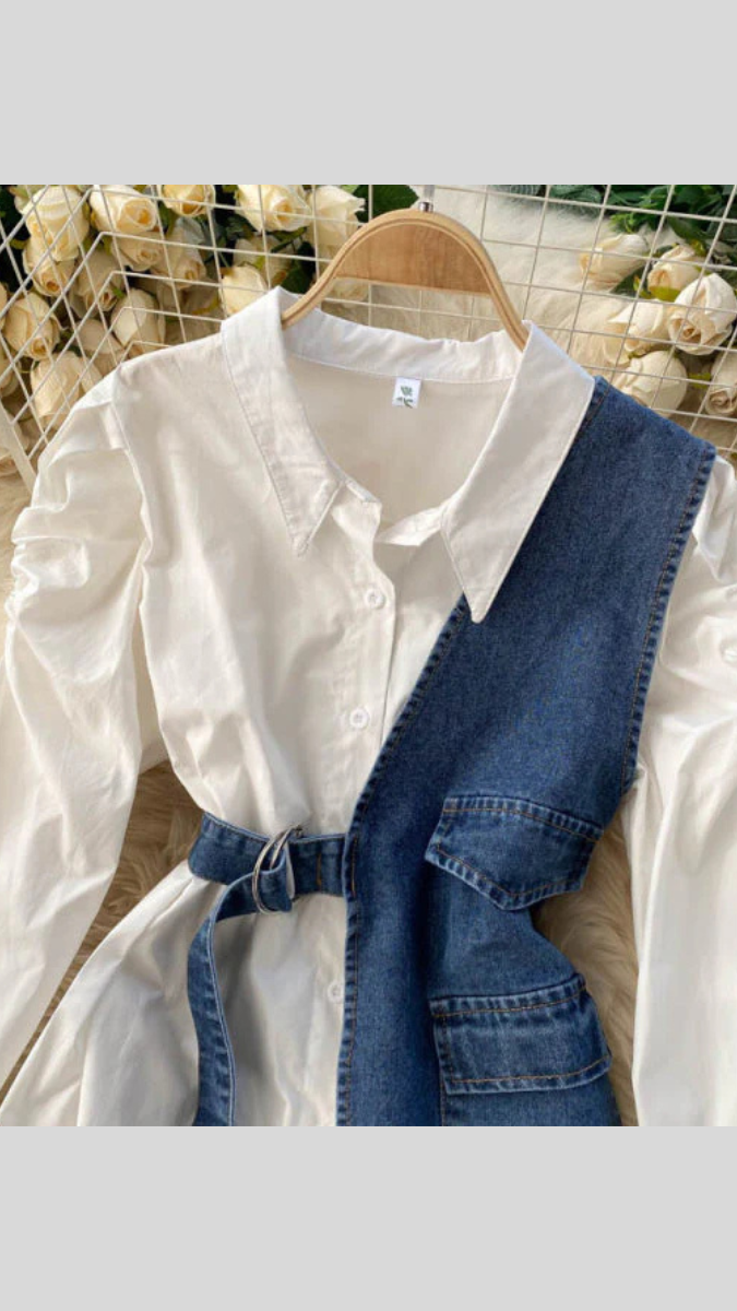 2-Piece Shirt Dress With Half Denim Vest FC1791