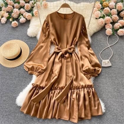 Bow on Neck With Loose Sleeve Satin Dress FC1787