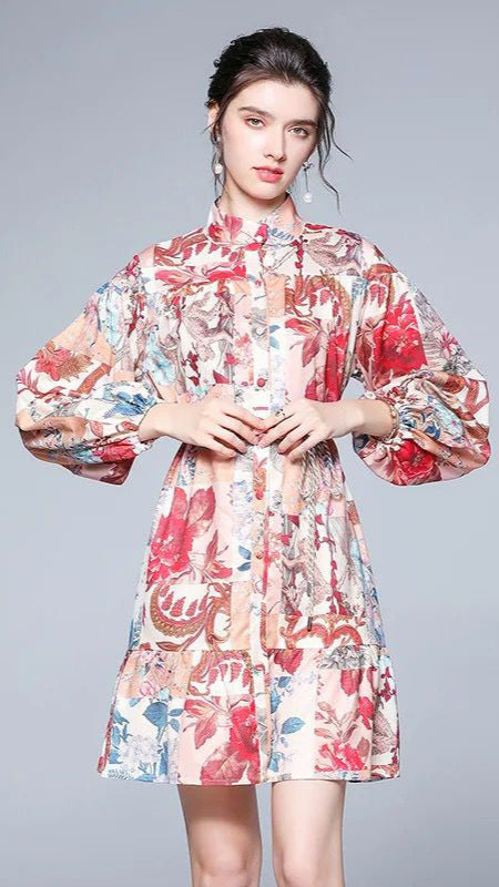 Fc Long Sleeve Polo Neck Elastic Floral Dress