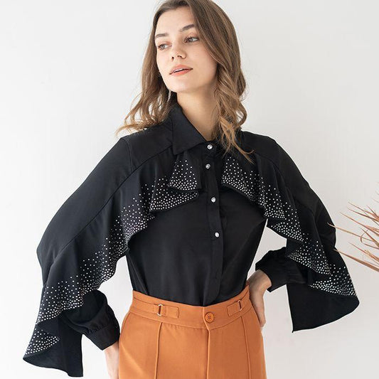 Fc Crystal Ruffle Sleeve Satin Shirt.