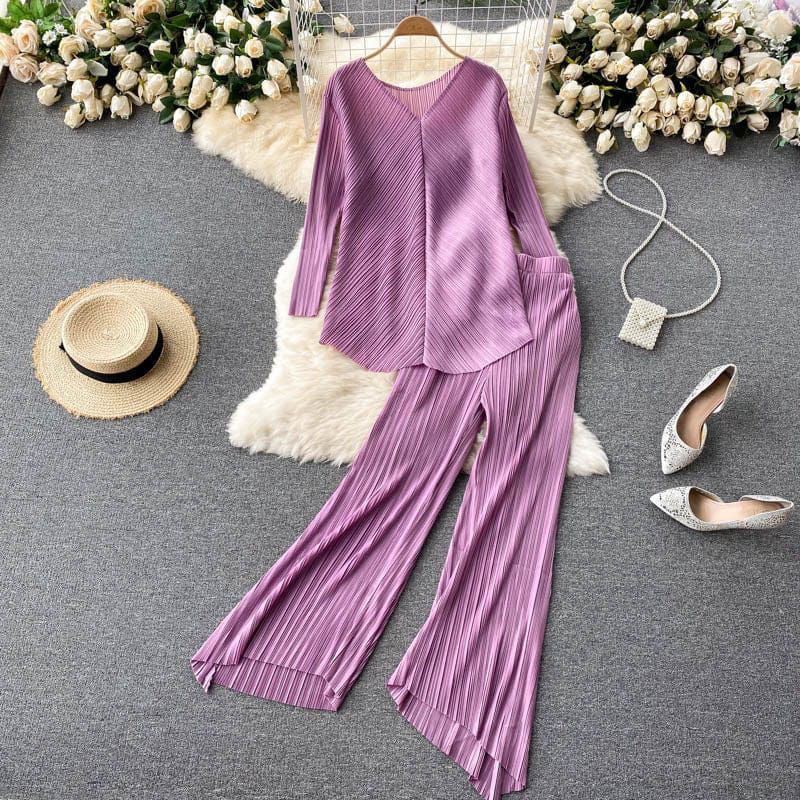 FC Solid Color Pleated Two Piece Set