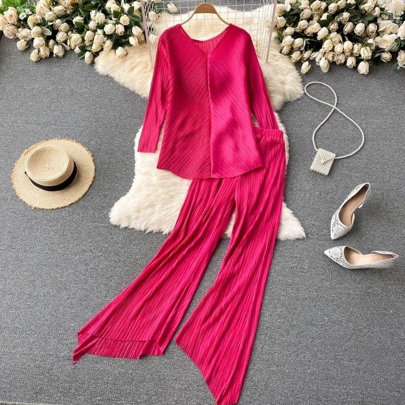 FC Solid Color Pleated Two Piece Set