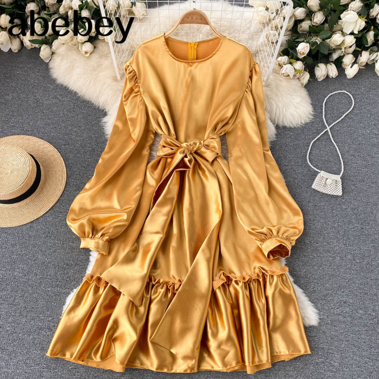 Bow on Neck With Loose Sleeve Satin Dress FC1787