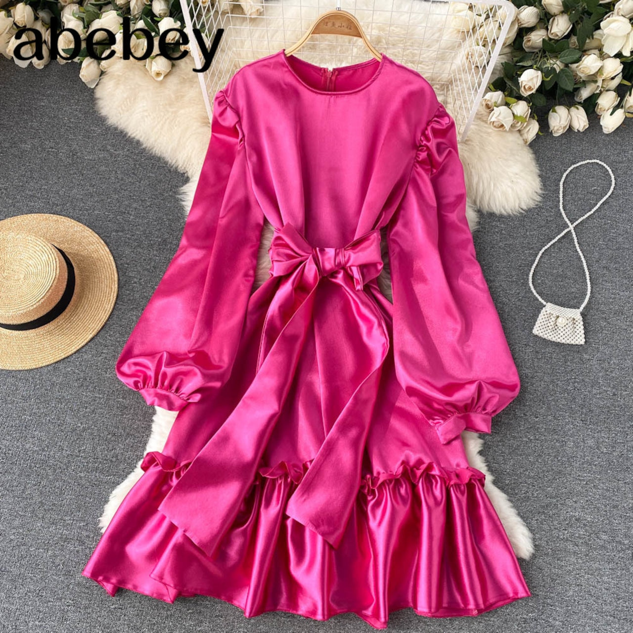 Bow on Neck With Loose Sleeve Satin Dress FC1787