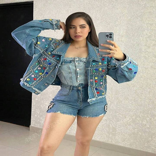 Multicolor Stones Golden Button Denim Jacket FC1334
