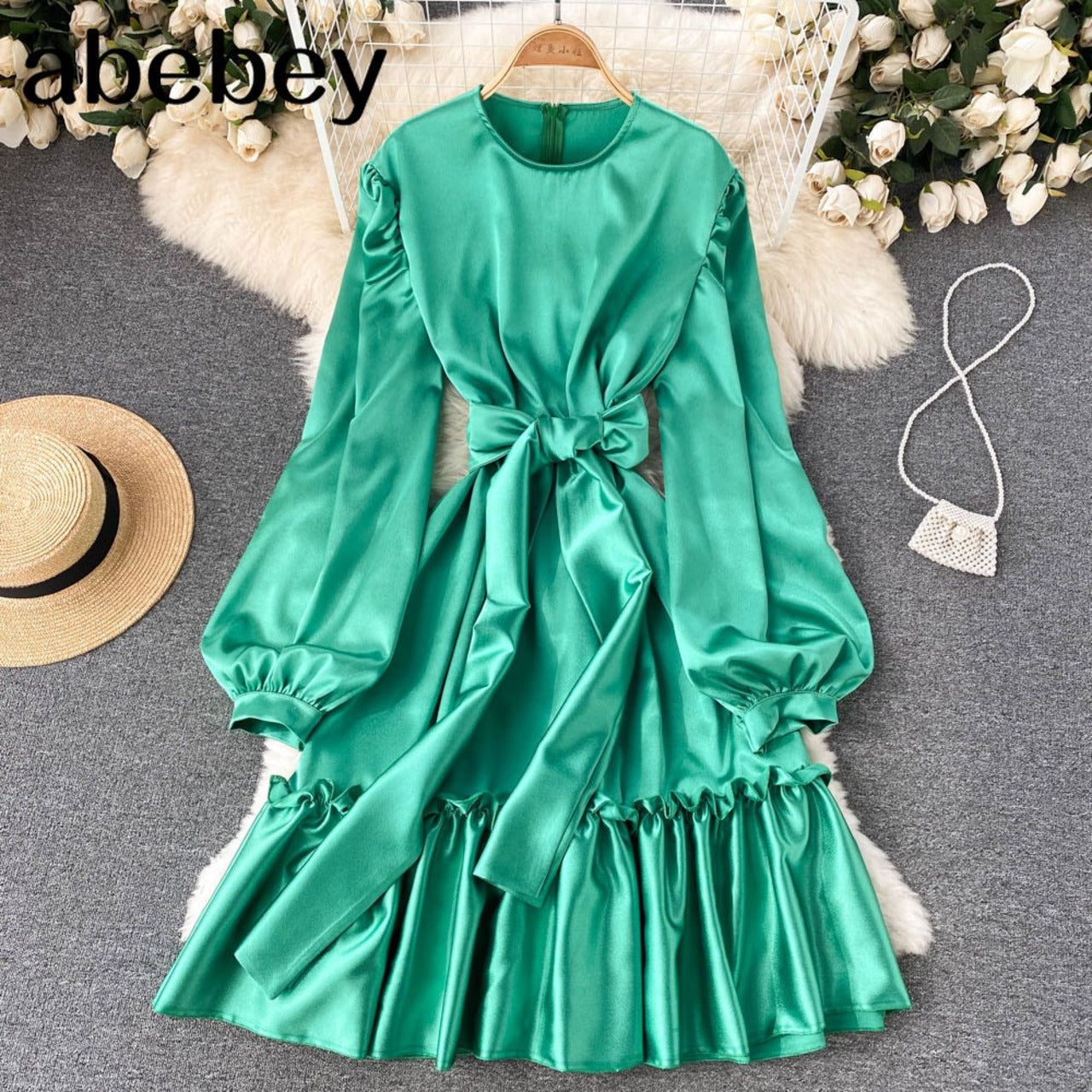 Bow on Neck With Loose Sleeve Satin Dress FC1787