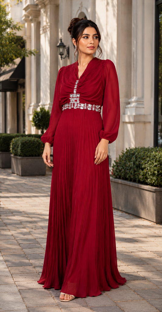 Stone Embedded V Neck Ruffle Dress FC2477