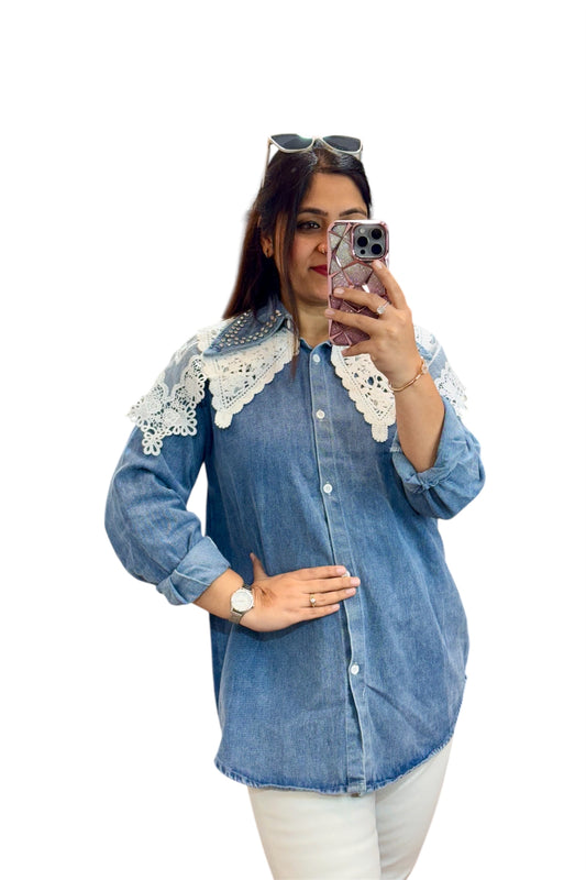 Three Layer Embroidery Collar Denim Shirt FC1569