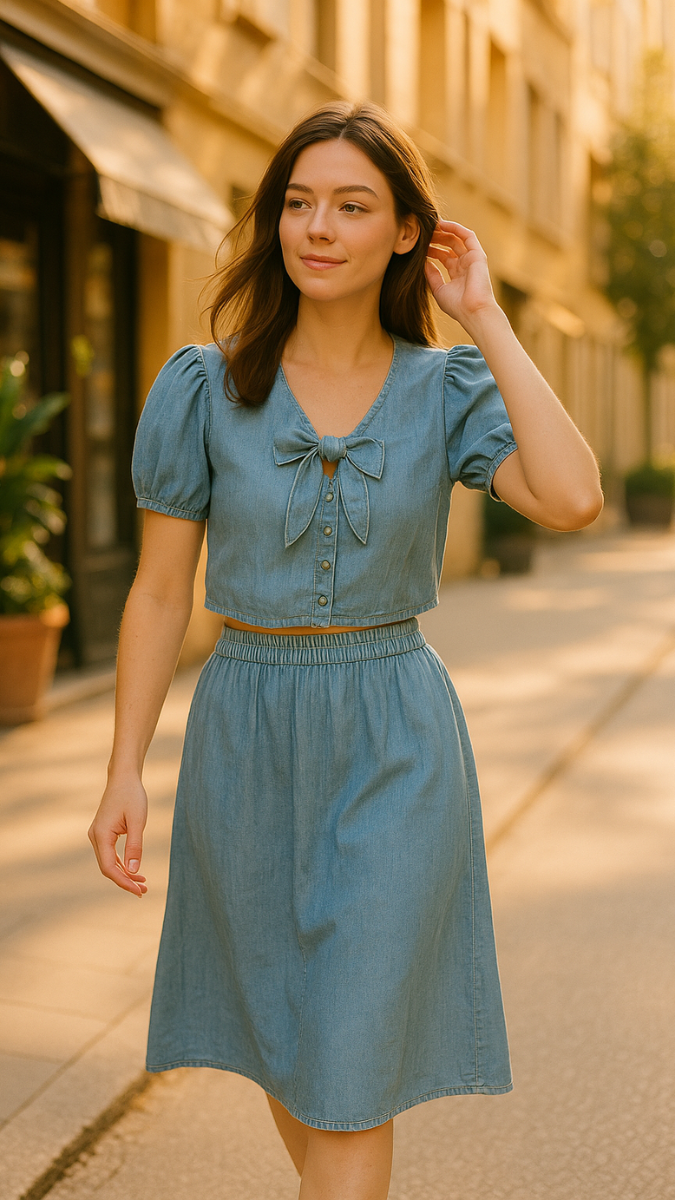 Balloon Sleeve A Line Denim Skirt Set FC1827