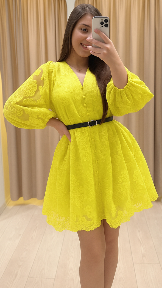Balloon Sleeve Front Buttoned Mini Dress FC1801