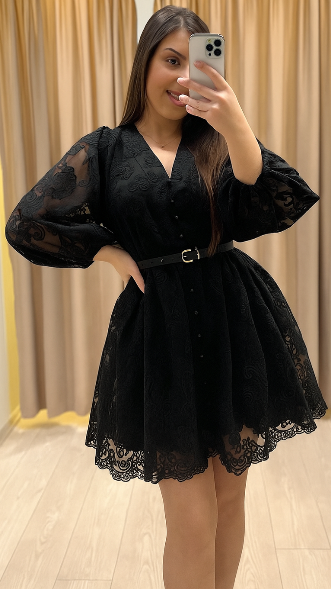 Balloon Sleeve Front Buttoned Mini Dress FC1801
