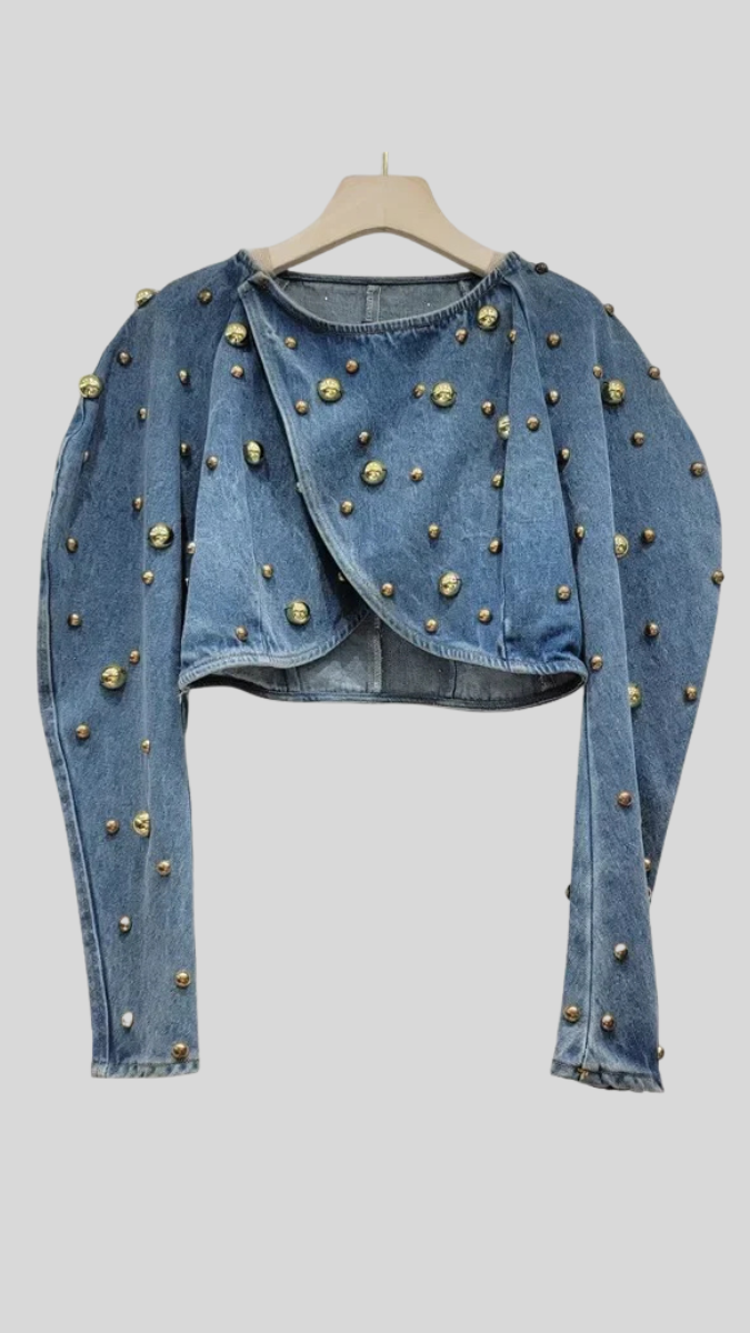 Bead Embedded Wrap Around Crop Denim Jacket FC1998