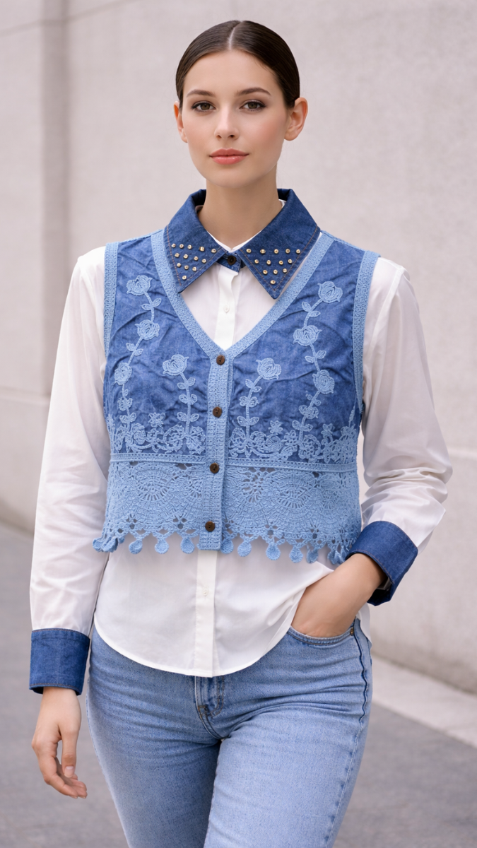 Beautiful Embroidery Designed Vest With Plain Shirt FC2251