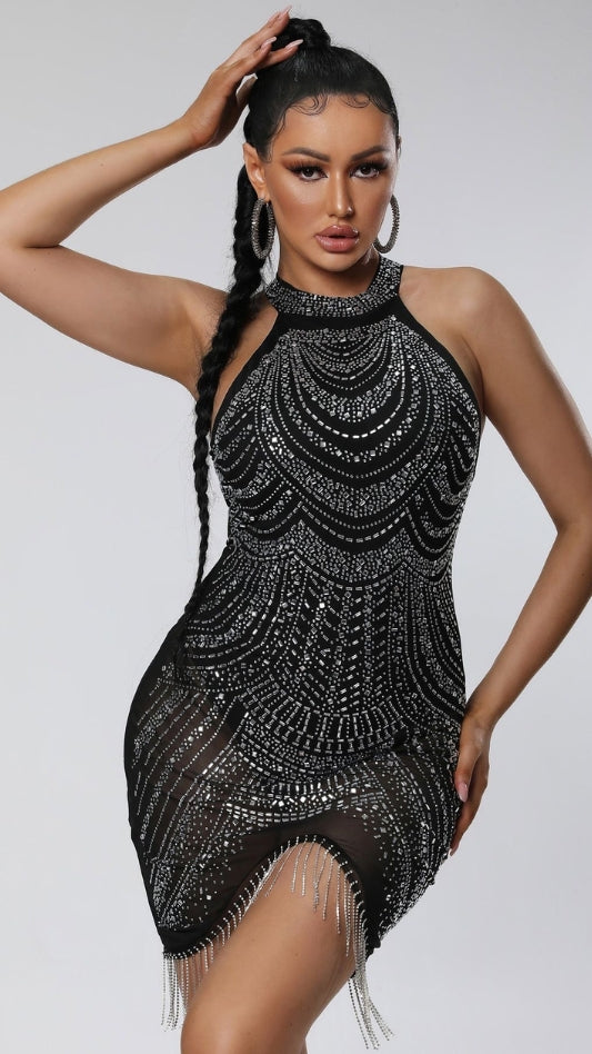 Beautiful Partywear Bodycon Dress With Swarovski & Tassel Work FC2011