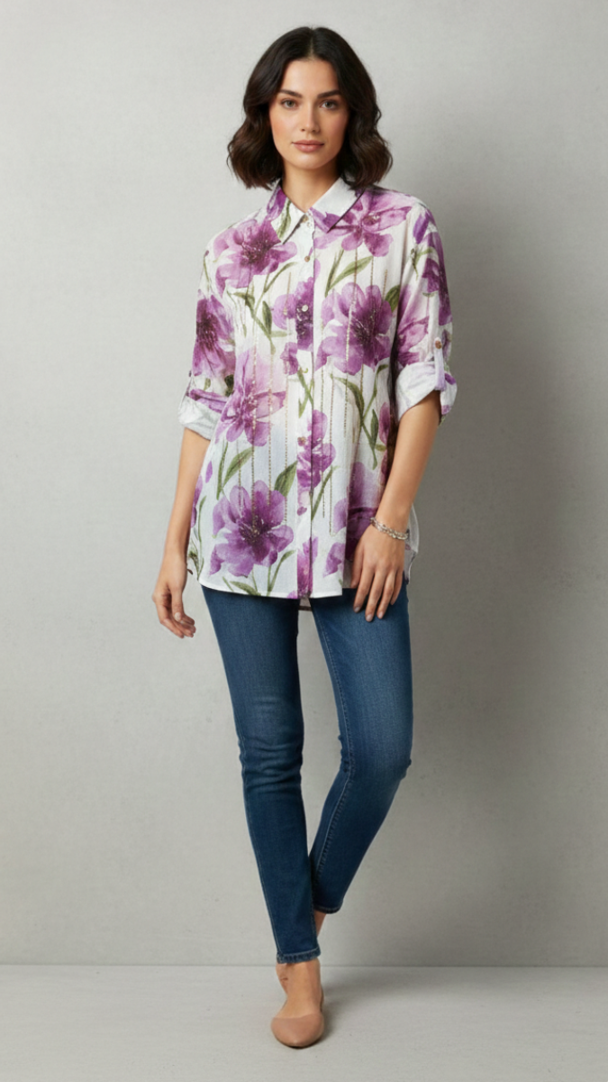 Beautiful Rhinestone Embedded Floral Print Shirt FC2203