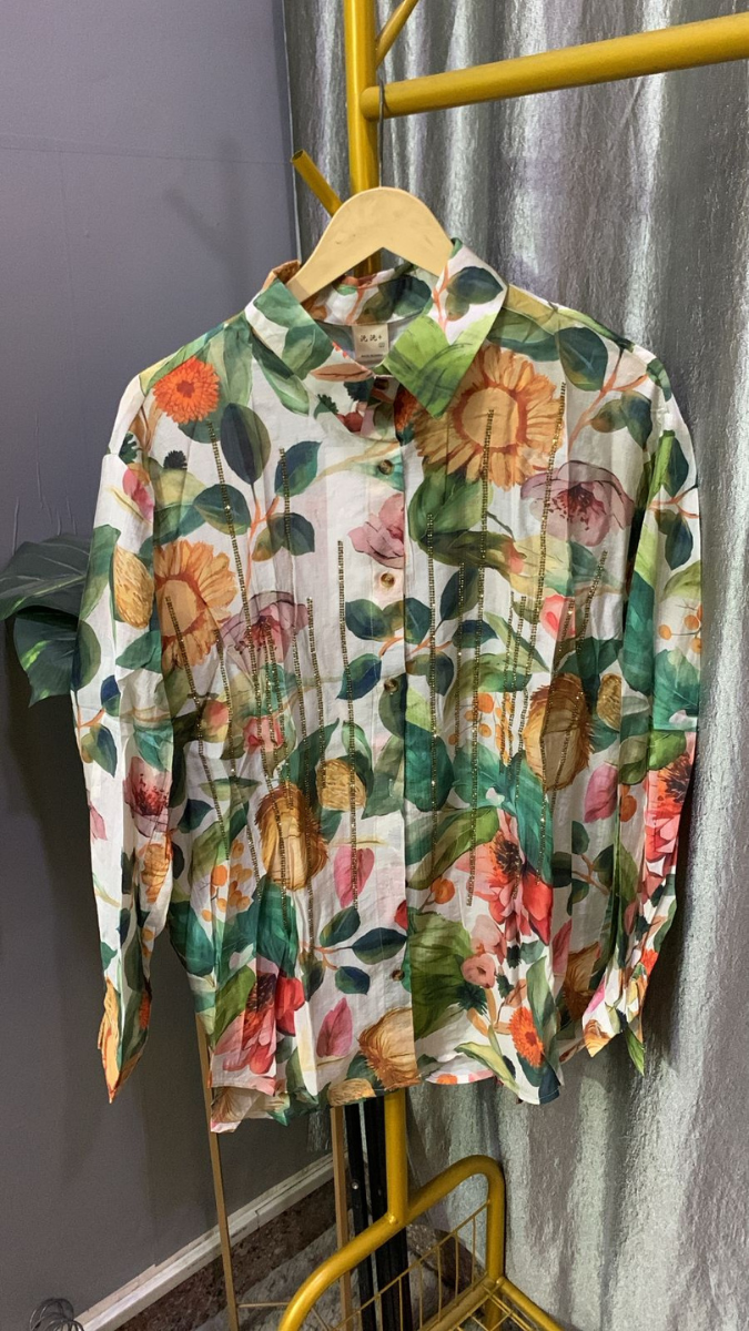 Beautiful Rhinestone Embedded Floral Print Shirt FC2203