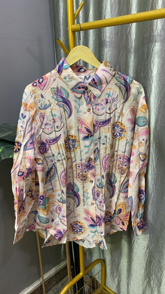 Beautiful Rhinestone Embedded Floral Print Shirt FC2203