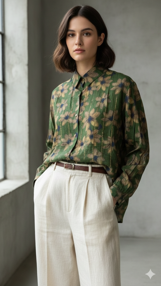 Beautiful Rhinestone Embedded Floral Print Shirt FC2203