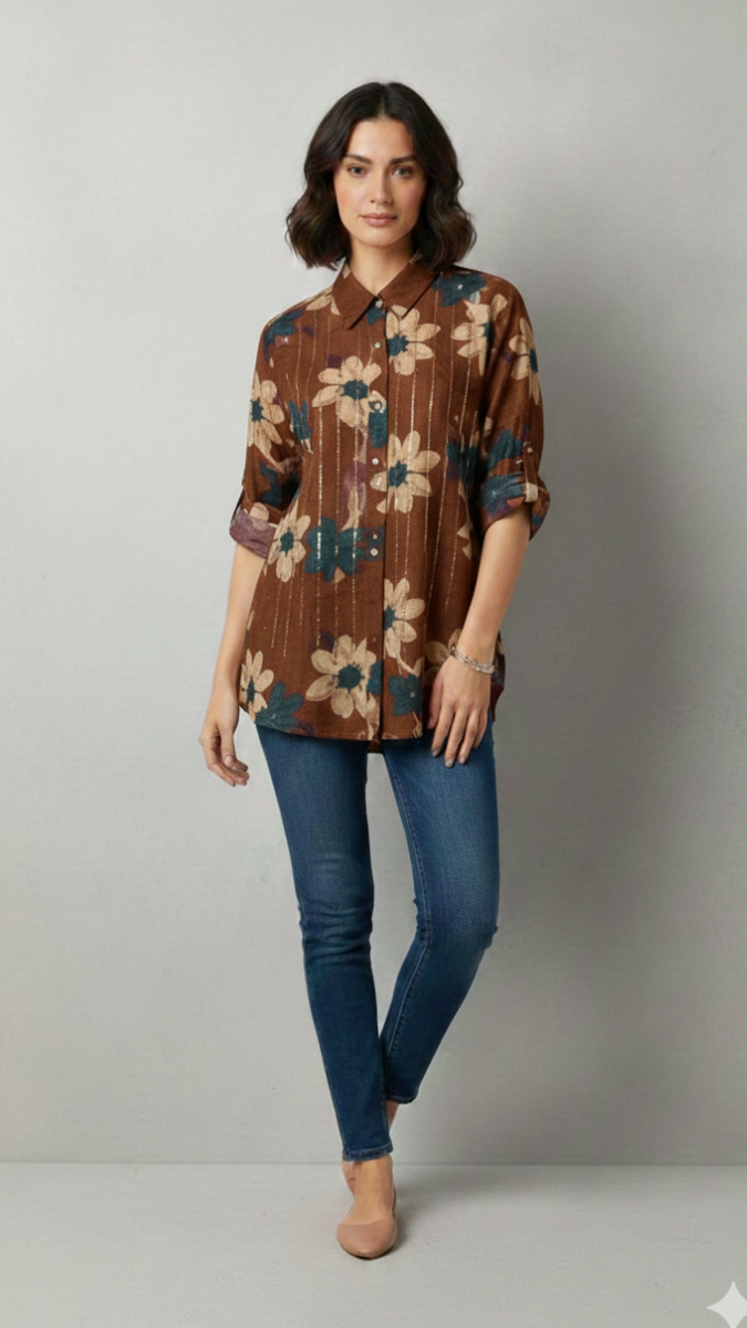 Beautiful Rhinestone Embedded Floral Print Shirt FC2203