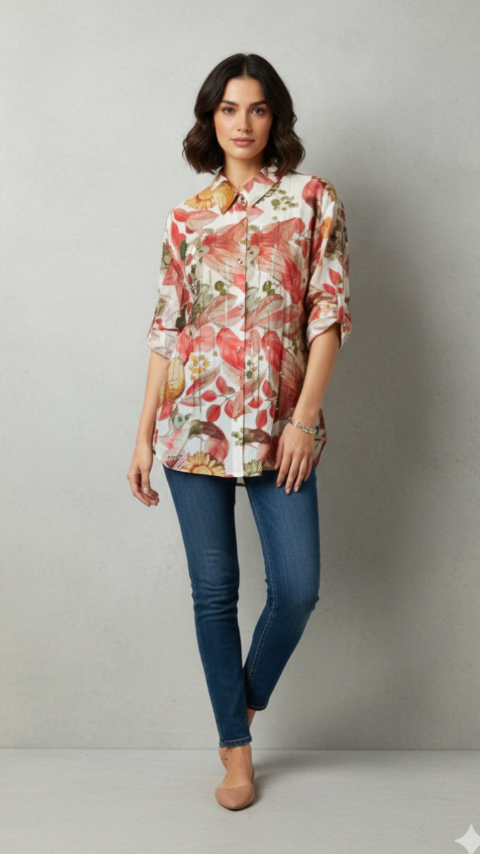 Beautiful Rhinestone Embedded Floral Print Shirt FC2203